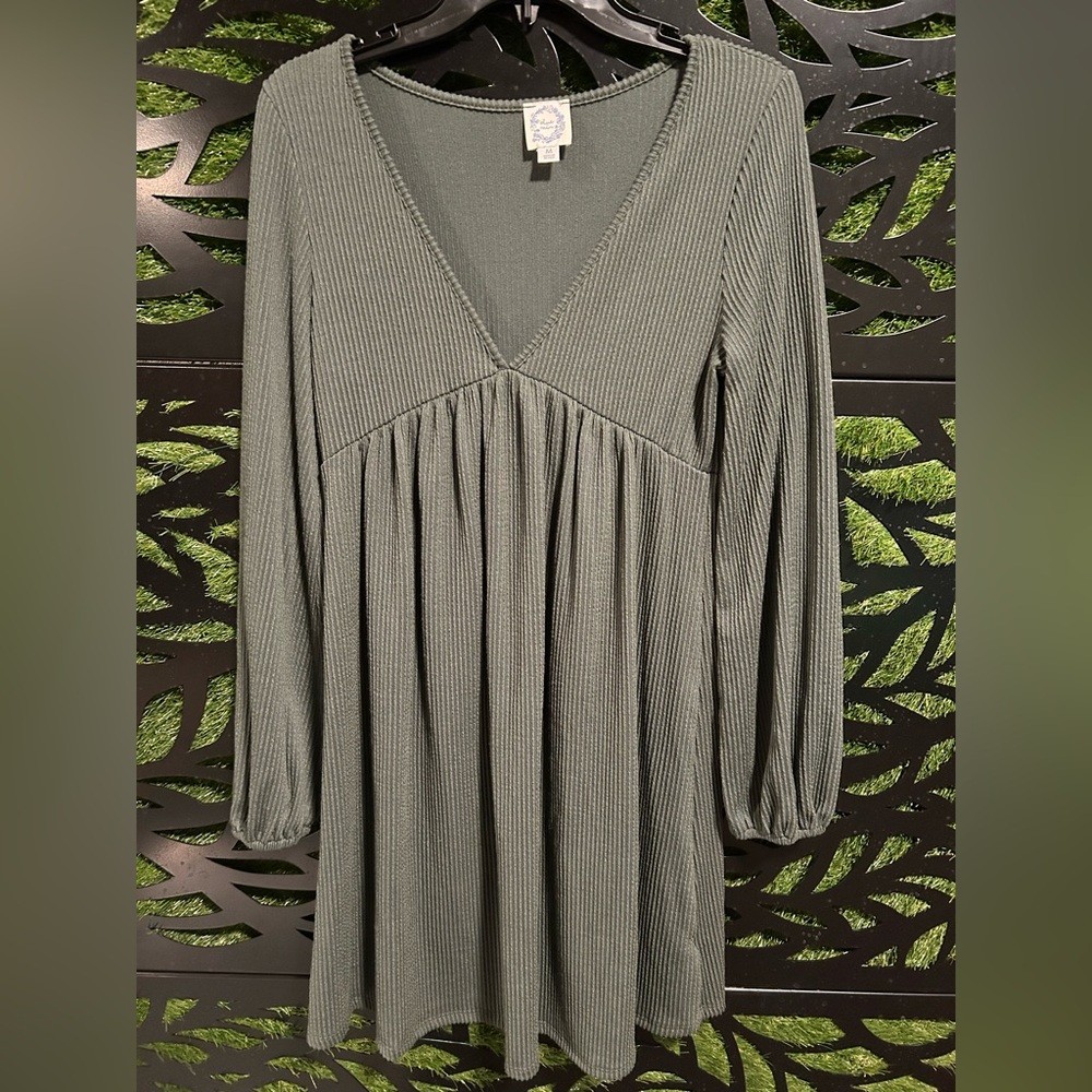 Blue Rain Green Ribbed Textile Midi Dress or Oversized Top, Women's M